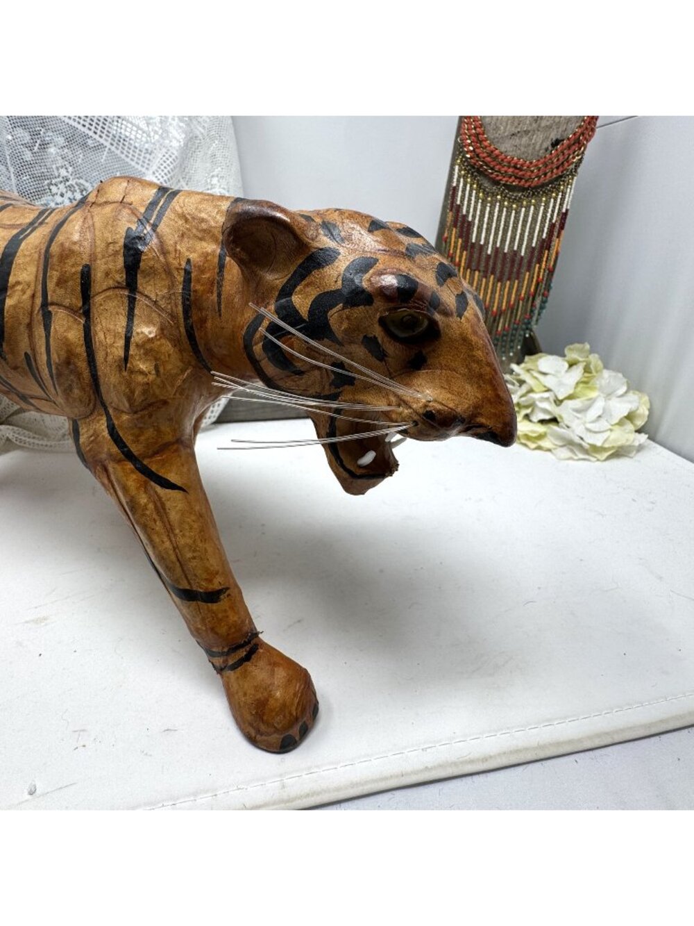 Vintage Handcrafted Leather-Covered Tiger Figurine, Intricate Hand-Painted Detai
